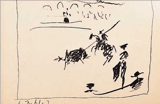 PICASSO, PABLO, 1881 - 1973, PICADOR UND STIER; LITHOGRAPHIE AUS TORROS UND TOREROS, IM STEIN DATIERT 6.3.61, 24,5 X 31,5 CM, RäNDER ...