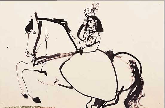 PICASSO, PABLO, 1881 - 1973, DAME UND PFERD, FARBLITHOGRAPHIE AUS TORROS UND TOREROS, IM STEIN DATIERT 10.3.59, 26,5 X 36,5 CM