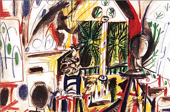 PICASSO, PABLO, 1881 - 1973, ATELIER, FARBLITHOGRAPHIE AUF VèLIN AUS DER SUITE: CARNET DE LA CALIFORNIE VON 1957, I. D. DARSTELLUNG ...