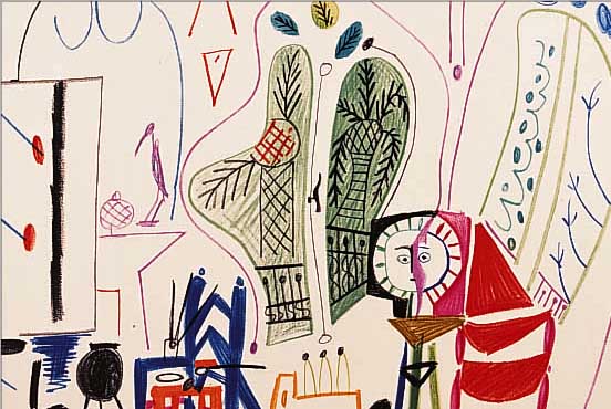 PICASSO, PABLO, 1881 - 1973, ATELIER, FARBLITHOGRAPHIE AUF VèLIN AUS DER SUITE: CARNET DE LA CALIFORNIE VON 1957, I. D. DARSTELLUNG ...