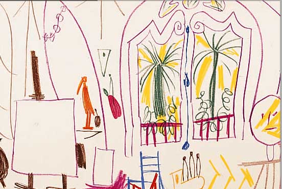 PICASSO, PABLO, 1881 - 1973, ATELIER, FARBLITHOGRAPHIE AUF VèLIN AUS DER SUITE: CARNET DE LA CALIFORNIE VON 1957, I.D. DARSTELLUNG ...