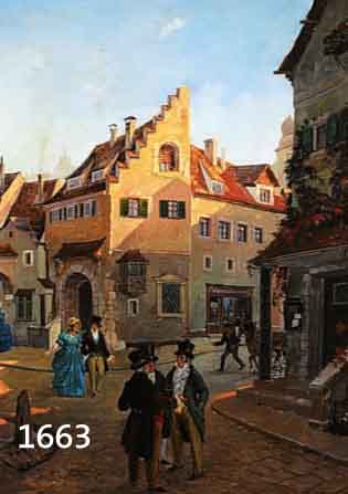 WALDAU, FN., ÖL/LWD., STADTANSICHT MIT PERSONEN IN BIEDER- MEIERKLEIDUNG, M. CA. 52 X 42,5 CM, R., UNTEN RE. SIGN.