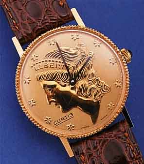 CURTIS MüNZARMBANDUHR, UM 1990, METALL HART-VERG., BODEN GEDR., RUNDANKERW., PESEUX-KAL. 7056, 17 ST., HANDAUFZUG, INCABL., LEDERB., ETUI, EZ 1