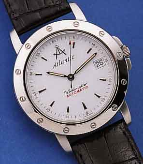 ATLANTIC HERRENARMBANDUHR WORLDMASTER AUTOMA- TIK, REF.-NR. 3904, SCHWEIZ UM 1999, EDELST.TEILW. MATT., TEILW. POL., BEIDS. MINERAL- FLACHVERGL., ...