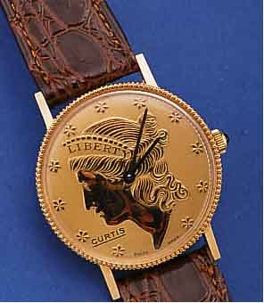 CURTIS/PAGOL MüNZARMBANDUHR, SCHWEIZ UM 1975, METALL VERG., BODEN GEDR., SCHMUCKKRONE,NEUTR. ETUI, UNGETR. LAGERW., RUNDANKERW., HANDAUFZUG, ...