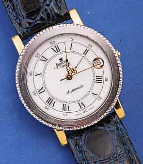 BARONE HERRENARMBANDUHR AUTOMATIK, SCHWEIZ UM 1998, METALL VERG., LüNETTE RHOD., BODEN GEDR., BEIDS. MINERALVERGL., EMAILFARB. ...