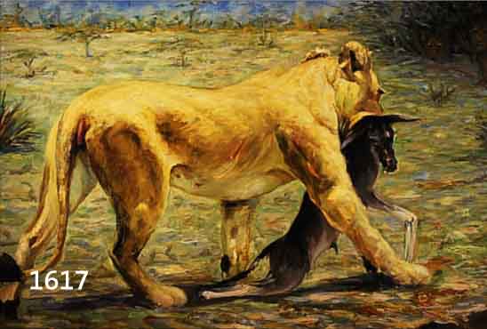 FLEISCHER, LöWE SCHNAPPT SEINE BEUTE, ÖL/LWD., SIGN., 100 X 70 CM, OHNE R.