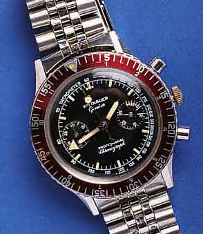 WITTNAUERWITTNAUER ARMBANDCHRONOGRAPH PROFESSIONAL, SCHWEIZ UM 1968, EDELST., BODEN GESCHR., NEU- TR. EDELST.-BAND, SCHW. KONTRASTZIFFERBL., ...