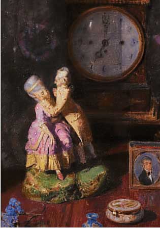 KAUCKY, J., TSCHECHISCHER MALER UM 1900, STILLEBEN MIT UHR, PORZELLANFIGUR U.A., PASTELLKREIDE AUF PAPIER, RE. U. SIGN., CA. 56 X 36 CM, ...