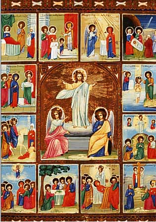 VIEVIELFELDERIKONE, RUSSLAND, UM 1900, MIT VERSCHIEDENEN SZENEN AUS DEM LEBEN CHRISTI GOLDGRUNDIG, TEILREST., CA. 31 X 26.5 CM