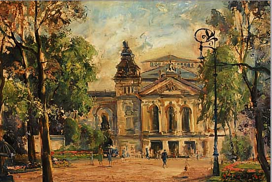 SALBECK, BENEDIKT, KüNSTLER DER 1. HäLFTE DES 20.JH., BLICK AUF EIN GROßES GEBäUDE IM PARK, MIT ...