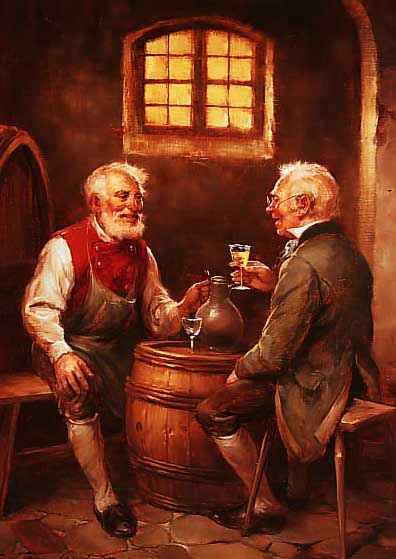 LANDWEHR, CURT A., 1920 - 1988, GENRE- MALER, HIER: KELLERMEISTER MIT EINEM GAST BEI DER WEINPROBE IM KELLER, ÖL/LWD., SIGN., 48 X 38 CM, ...