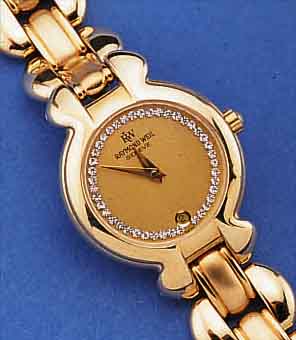 RAYMOND WEIL DAMENARMBANDUHR, 18 KT MICRO- PLATED, QUARTZWERK, ZIFFERBL. M. SIMILISTEIN- BESATZ, DATUMSANZ. BEI 6, SAPHIRGLAS, AB HERST. ...