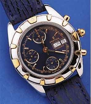 FESTINA ARMBANDCHRONOGRAPH AUTOMATIK, SCHWEIZ UM 1999, EDELST. POL., BODEN U. KRONE GESCHR., BEI FERTIGST. WASSERD. BIS 100 M, DREHLüNETTE ...