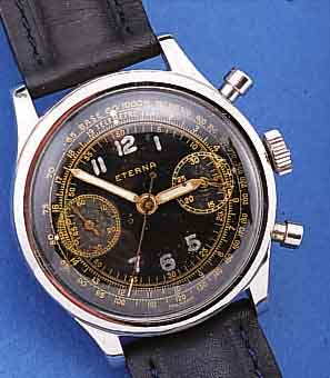 ETERNA ARMBANDCHRONOGRAPH, SCHWEIZ UM 1948, EDELST., BODEN GESCHR., ORIG.-BLATT FL., LE- DERB., NEUTR. ETUI, 17 ST., BASISKAL. VALJOUX 23, ...
