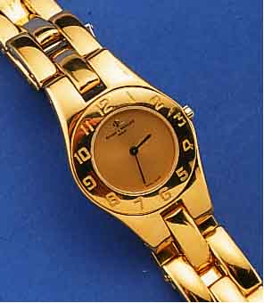 BAUME & MERCIER DAMENARMBANDUHR, SCHWEIZ UM 1994, METALL HARTVERG. INCL. GLIEDERB., FALT- SCHL., EDELST.-BODEN GEDR., SAPHIRFLACHGL., STD.-ZEICHEN ...