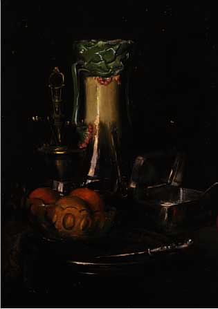 UNBEK. KüNSTLER ANFANG 20. JH., STILLEBEN MIT GESCHIRR, KANNE UND FRüCHTEN, ÖL/MAL- KARTON, UNLESERL. SIGN., 65 X 46 CM, R.