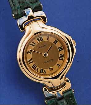 ZENITH DAMENARMBANDUHR VIA VENETO, QUARTZ- WERK, STAHL VERGOLDET, GEH. M. BEWEGL. BANDAN-ST., DAT.-ANZ. M. SCHNELLKORR., SAPHIRGLAS, LEDERBD. M. ...