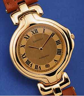 ZENITH HERRENARMBANDUHR VIA VENETO, QUARTZ- WERK, STAHL VERGOLDET, GEH. M. GEWEG. BANDAN- ST., DATUMSANZ. M. SCHNELLKORR., SAPHIRGLAS, LEDERBD. M. ...