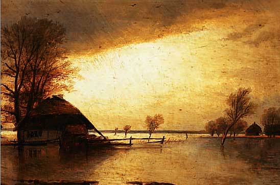 UNBEKANNTER ROMANTIKER, 19. JH., GEHöFT IN üBERFLUTETER NORDDEUTSCHER LAND- SCHAFT, NACH EINEM GEWITTER, MIT HINTER DEN WOLKEN ...