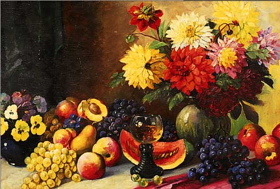 ENGELHARD, E., 1. HäLFTE 20. JH., REICHES STILLEBEN MIT BLUMEN, OBST UND WEIN- GLAS, ÖL/LWD, RE. U. SIGN., CA. 55 X 80 CM, RAHMEN ...