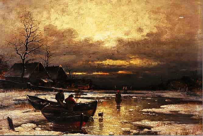 MüLLER, ROBERT, DüSSELDORFER SCHULE, UM 1900, WINTERLICHE LANDSCHAFT MIT FISCHER- BOOTEN AM ZUGEFRORENEN SEE, ABENDSTIMMUNG, ÖL/LWD, ...