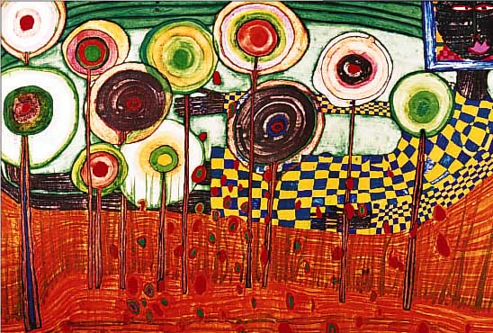HUNDERTWASSER, FRIEDENSREICH, BLACK GIRL, DISCOVERY IN THE BLUE MOUNTAINS...FARBOFFSET, CA. 44 X 62 CM