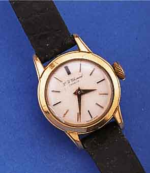 L.U. CHOPARD DAMENARMBANDUHR, SCHWEIZ UM 1964, METALL HARTVERG., EDELST.-BODEN GESCHR.,VERS. BLATT, AUFGES. GOLD-STD.-ZEICHEN, GOLDZEIGER, ...
