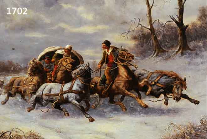 UNBEKANNTER MALER AUS DER ZEIT UM 1870-80, WöLFE ATTACKIEREN EINEN VON KOSAKEN GERITTENENFüNFSPäNNER IN WINTERLICHER LANDSCHAFT, ÖL/LWD., ...