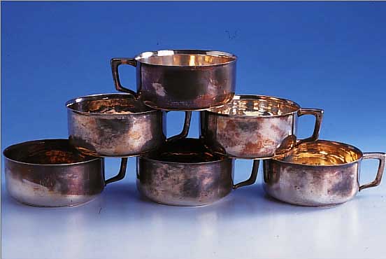 6 SUPPENTASSEN DER "BREMEN", NORDDEUTSCHER LLOYD, METALL VERSILBERT (8 G SILBER/T), 4 X 1928, 2 X 1929, HERSTELLER WELLNER UND ...