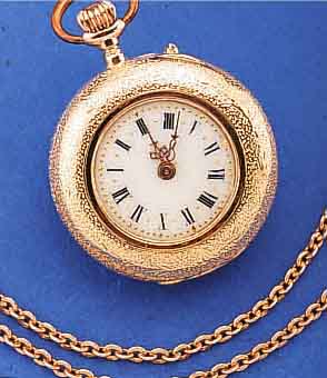 DAMENTASCHENUHR, SCHWEIZ/DEUTSCHLAND UM 1908, ROSE-G. 585/000, IM ZENTRUM DES BODENS MINIATURMALEREI EMAILL., ALPENLäND. DARST., PERF. ...