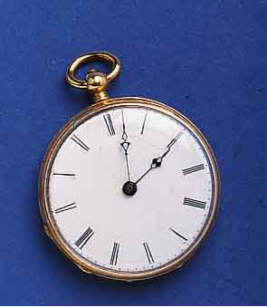DAMENDAMENTASCHENUHR, SCHWEIZ UM 1878, GG 750/000 BER./L. DELLIG, SCHLÜSSELAUFZUG, EMAILBL. FEIN HAARR., GEBL. STAHL-FORM-ZEIGER, METALLCUV. ...