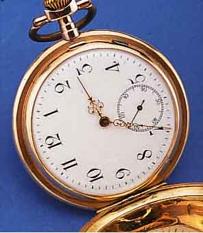 HERRENTASCHENUHR, SCHWEIZ/DEUTSCHLAND UM 1910, RG 585/000, BEIDE SCHALEN SYM. GUILL., MONOGR.-SPIEGEL RUND AUFGES., EMAILBL., ZEI- GERSTELLSCH. ...