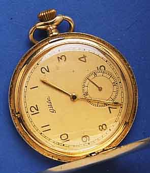 GILDE/GGILDE/GRUEN HERRENTASCHENUHR SAVONETTE, SCHWEIZ/DEUTSCHLAND UM 1938, GG 585/000, BEIDE SCHALEN SYM. GUILL., VERSCHL. MONOGR. BP, VERG. ...