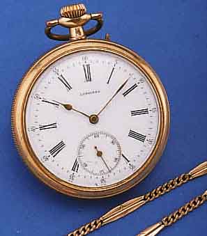 LONGINES HERRENTASCHENUHR, SCHWEIZ UM 1910, AMERIK. 2.-GEH. M. RG-AUFL., BODEN U. GLASR. GESCHR., EMAILBL. SIGN., TEILW. REP., 15 ST., WERK VERN., ...