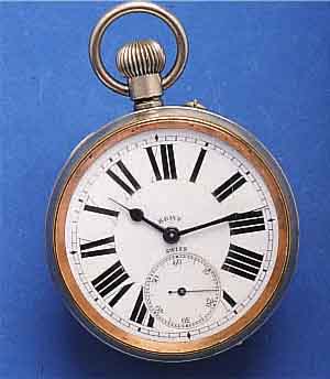 HERRENTAHERRENTASCHENUHR 8-TAGEWERK, NICKEL, EMAIL- BL. FEIN HAARR., FETTE STD.-ZEICHEN, GEBL. STAHLZEIGER, WOHL ALS DIENSTUHR KONZIPIERT (BÜRO, ...