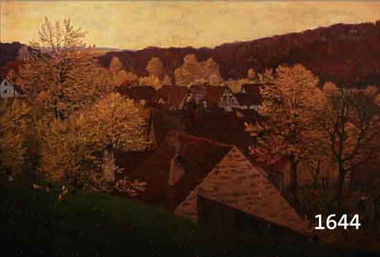 LUNTZ,LUNTZ, ADOLF, 1875 WIEN-1934 KARLSRUHE, MAIABEND, BLICK AUF EIN DORF MIT BLÜHENDEN BÄUMEN, ÖL/LWD, LI. U. SIGN. UND DAT. 1912, ...