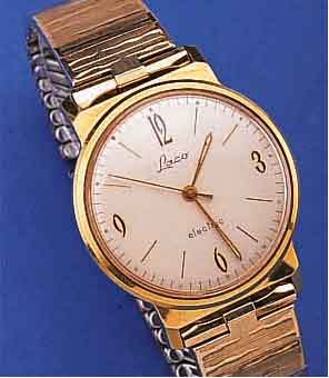 LACO HERRENARMBANDUHR ELEKTRIK, DEUTSCHLAND UM 1968, METALL HARTVERG., EDELST.-BODEN, ZUGGLIEDERB., TEILW. M. SCHERENGL. (USA-PA- TENT), ...