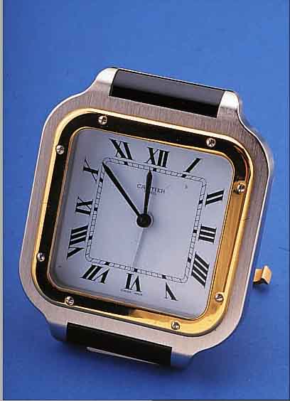 CARTIER TISCHWECKERCHEN DESIGN SANTOS, METALL TEILW. RHOD., TEILW. VERG., EMAILFARB. KONTRASTZIFFERBL., HIGH-TECH-QUARTZW., SCHWEIZUM 1975, ...