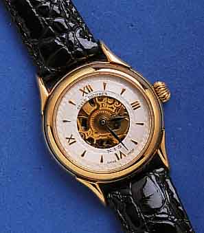 REVUE THOMMEN DAMENARMBANDUHR, SCHWEIZ UM 1990, METALL HARTVERG., BEIDS. SAPHIRVERGL., VERG., SKELETT. SICHTWERK, 17 ST., HANDAUFZUG, INCABL. ...