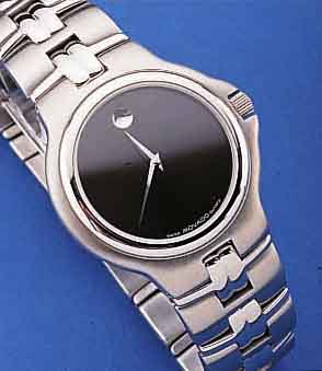 MOVADO HERRENARMBANDUHR MUSEUMS WATCH, EDELST., TEILW. POL., TEILW. SAT. INCL. BAND M. DOPPELTER, UNSICHTB. FALTSCHL., MINERAL- FLACHGL., ...