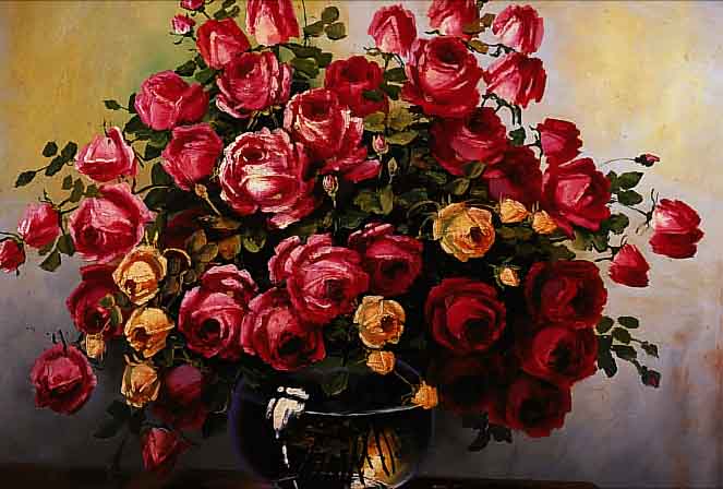 ADAM, EMMY, GEB. 1877 DRESDEN. BLUMEN- U. FRüCHTEMALERIN, WIRKTE IN BERLIN, PRACHTVOLLERROSENSTRAUß IN GLASVASE, ÖL/LWD., SIGN., 60 X 80 ...