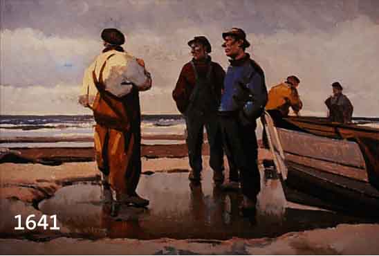 UNBEKANNTER KüNSTLER, UM 1910, FISCHER VOR KüSTENLANDSCHAFT, ÖL/LWD., RE. U. UN- LESERLICH SIGN., 69 X 96 CM, PRUNKRAHMEN