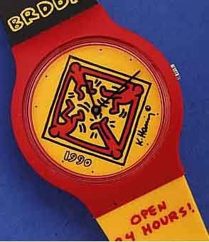 KEITH HARING DESIGNERUHR, BR/DDR 1990, ANL. DER WIEDERVEREINIGUNG, OHNE ZENTRALSEK., ETUI, QUARTZW., GEHFäHIG, EZ 2