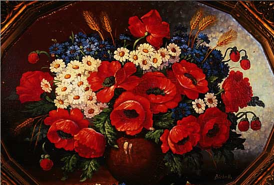 DIEBALL, ANFANG 20 JHD., OVALES STILLEBEN MIT KLATSCHMOHN, MARGERITEN UND KORNBLUMEN, ÖL/LWD. (REST., L. BESCH.), SIGN., CA. 61 X 81CM, ...