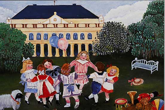 KLUTH, ERIKA, 1920 BERLIN, BEKANNTE, NAIVE KüNSTLERIN, BETEILIGTE SICH AN ZAHLREICHEN AUSSTELLUNGEN, HIER: KINDERREIGEN IM SCHLOSS- PARK HINTER ...
