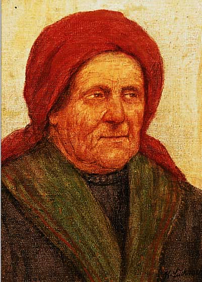LUCKHARDT, KARL, 1886 FRANKFURT/M. - 1970, STUD. AM FRANKFURTER STäDEL, STELLTE DAS BäUERLICHE LEBEN DAR, HIER: BäUERIN MIT ROTEM KOPFTUCH, ...