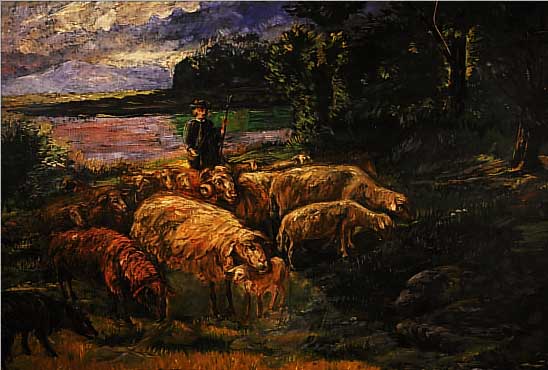 NOTHELFER, GUSTAV, KüNSTLER UM 1900, HIER: SCHäFER MIT SEINER HERDE AM WALDRAND, ÖL/LWD.(L. REST.), SIGN., CA. 80 X 120 CM