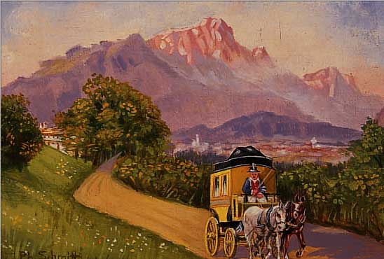 SCHMITT, PH., GENREMALER D. 20 JH., HIER: POSTKUTSCHE MIT PFERDEN IN GEBIRGSLANDSCHAFT, ÖL/HOLZ, SIGN., CA. 15 X 20 CM, R.