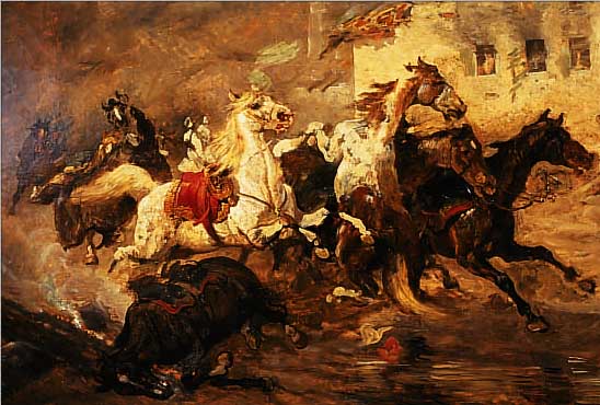UNBEKANNTER KÜNSTLER DES 19. JH. IN DER NACH- FOLGE VON RUGENDAS, DURCHGEHENDE PFERDE, QUALITÄTVOLLE DRAMATISCHE MALEREI, ÖL/ LWD.(REST., MIN. ...